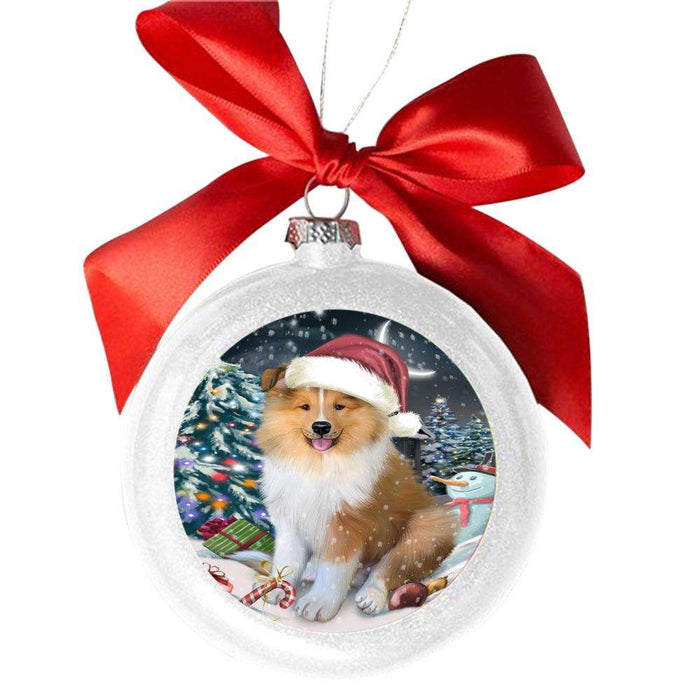 Have a Holly Jolly Christmas Happy Holidays Rough Collie Dog White Round Ball Christmas Ornament WBSOR48323