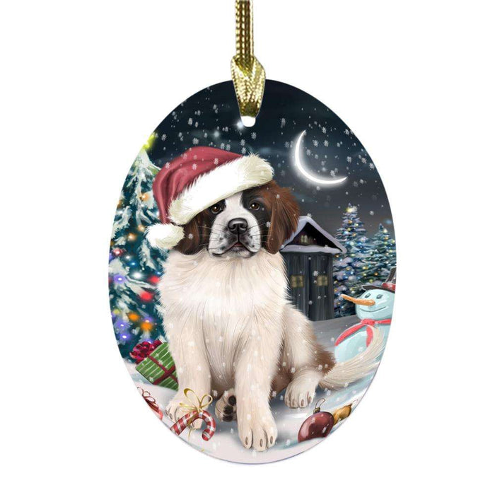 Have a Holly Jolly Christmas Happy Holidays Saint Bernard Dog Oval Glass Christmas Ornament OGOR48212