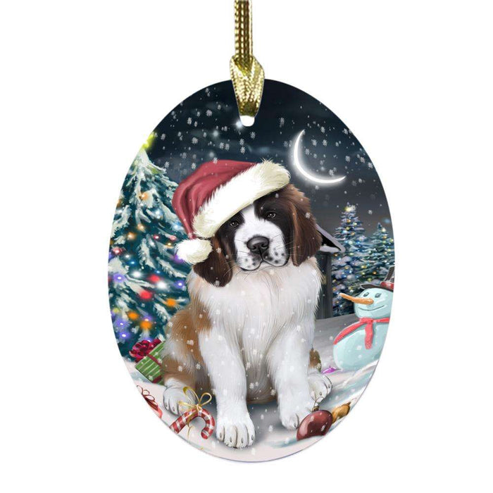 Have a Holly Jolly Christmas Happy Holidays Saint Bernard Dog Oval Glass Christmas Ornament OGOR48213