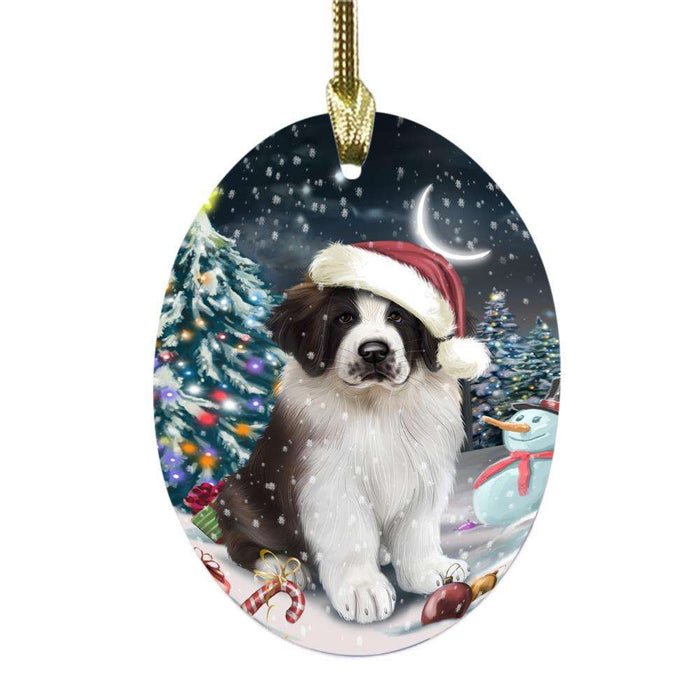 Have a Holly Jolly Christmas Happy Holidays Saint Bernard Dog Oval Glass Christmas Ornament OGOR48215