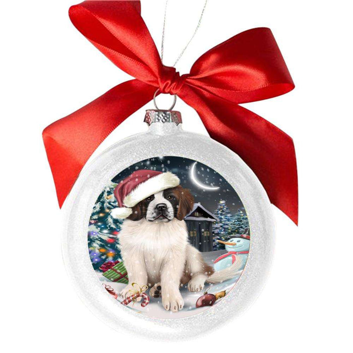 Have a Holly Jolly Christmas Happy Holidays Saint Bernard Dog White Round Ball Christmas Ornament WBSOR48212