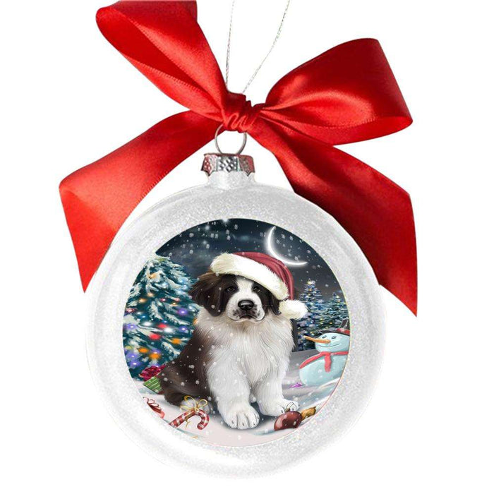 Have a Holly Jolly Christmas Happy Holidays Saint Bernard Dog White Round Ball Christmas Ornament WBSOR48215