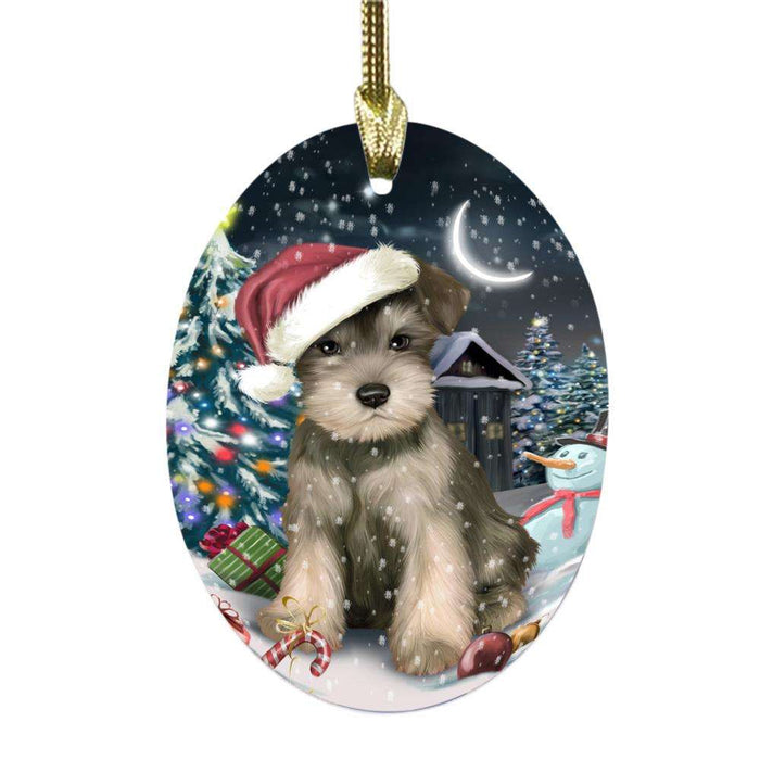 Have a Holly Jolly Christmas Happy Holidays Schnauzer Dog Oval Glass Christmas Ornament OGOR48222