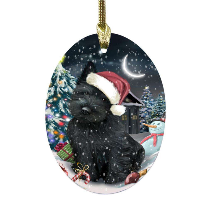 Have a Holly Jolly Christmas Happy Holidays Scottish Terrier Dog Oval Glass Christmas Ornament OGOR48224