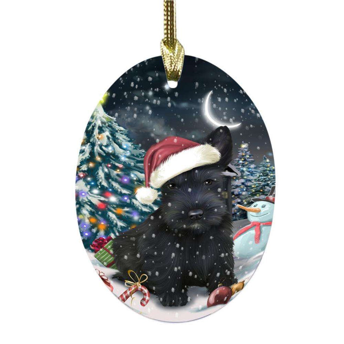 Have a Holly Jolly Christmas Happy Holidays Scottish Terrier Dog Oval Glass Christmas Ornament OGOR48226