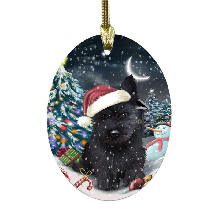 Have a Holly Jolly Christmas Happy Holidays Scottish Terrier Dog Oval Glass Christmas Ornament OGOR48227