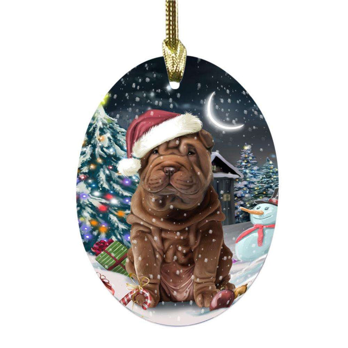 Have a Holly Jolly Christmas Happy Holidays Shar Pei Dog Oval Glass Christmas Ornament OGOR48228