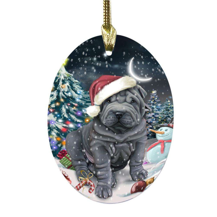 Have a Holly Jolly Christmas Happy Holidays Shar Pei Dog Oval Glass Christmas Ornament OGOR48230