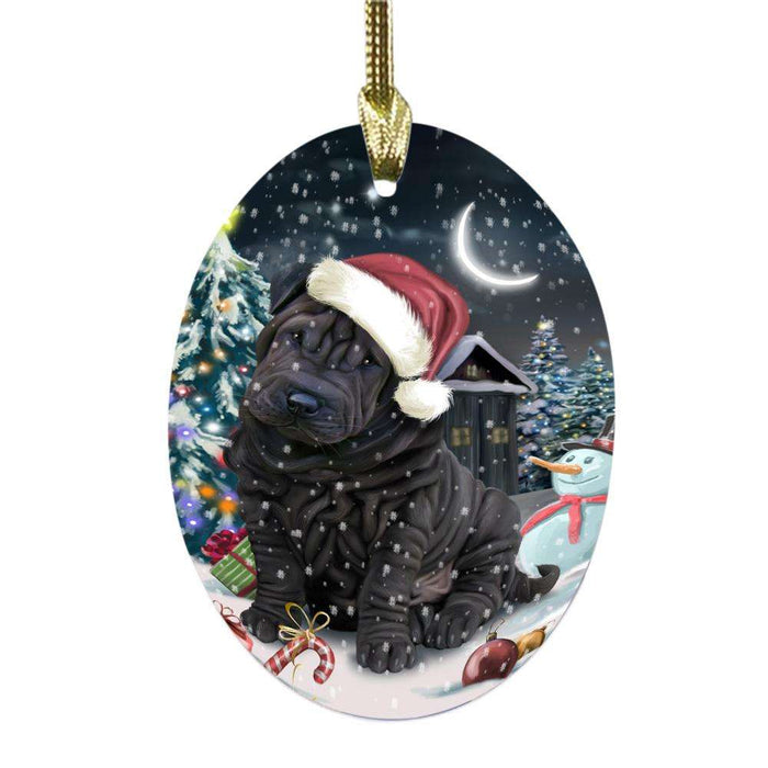 Have a Holly Jolly Christmas Happy Holidays Shar Pei Dog Oval Glass Christmas Ornament OGOR48231