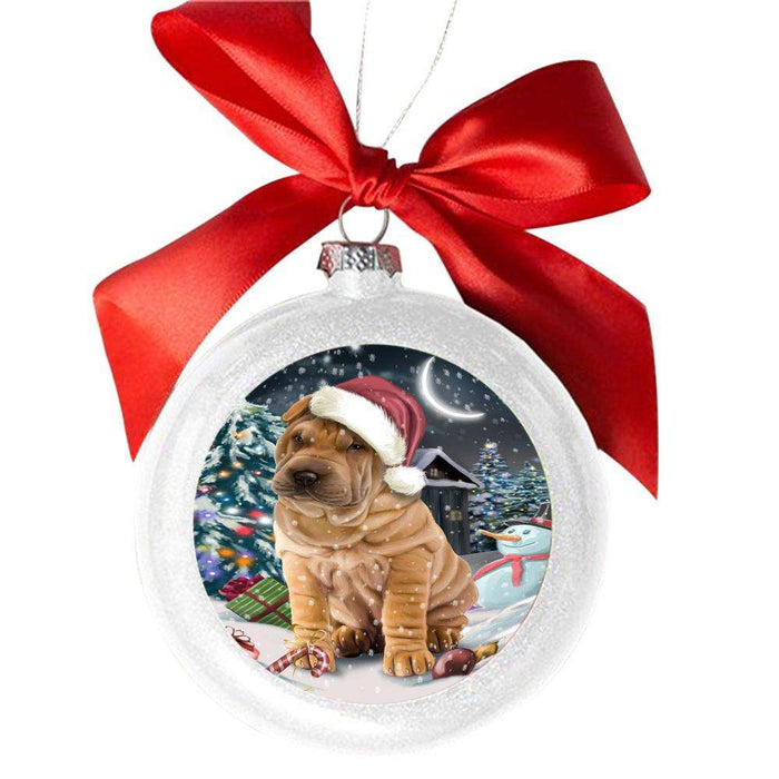 Have a Holly Jolly Christmas Happy Holidays Shar Pei Dog White Round Ball Christmas Ornament WBSOR48229