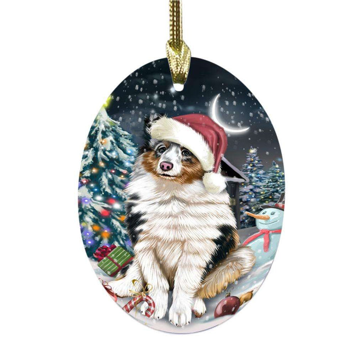 Have a Holly Jolly Christmas Happy Holidays Shetland Sheepdog Oval Glass Christmas Ornament OGOR48332