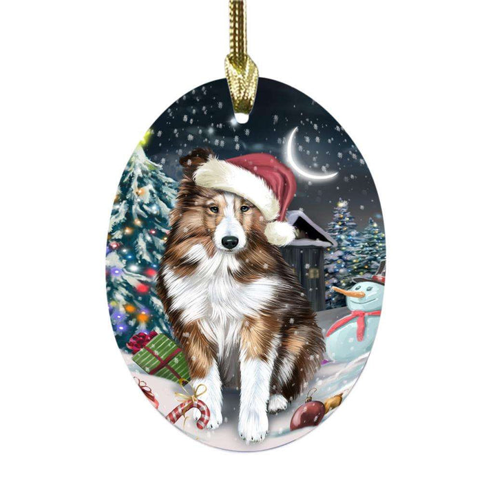 Have a Holly Jolly Christmas Happy Holidays Shetland Sheepdog Oval Glass Christmas Ornament OGOR48333