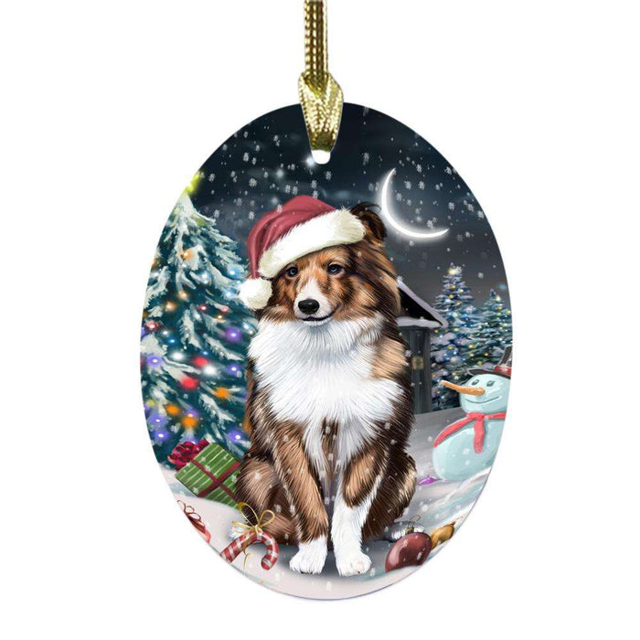 Have a Holly Jolly Christmas Happy Holidays Shetland Sheepdog Oval Glass Christmas Ornament OGOR48334