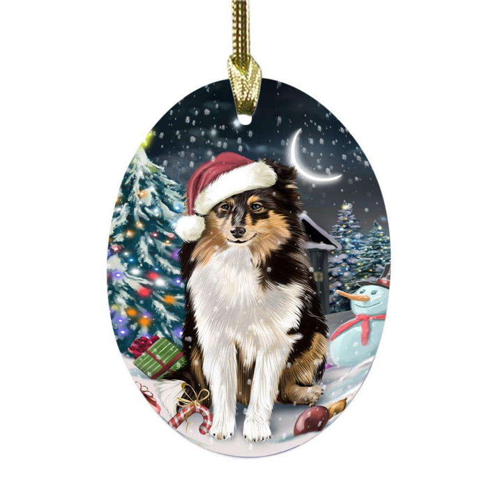 Have a Holly Jolly Christmas Happy Holidays Shetland Sheepdog Oval Glass Christmas Ornament OGOR48335