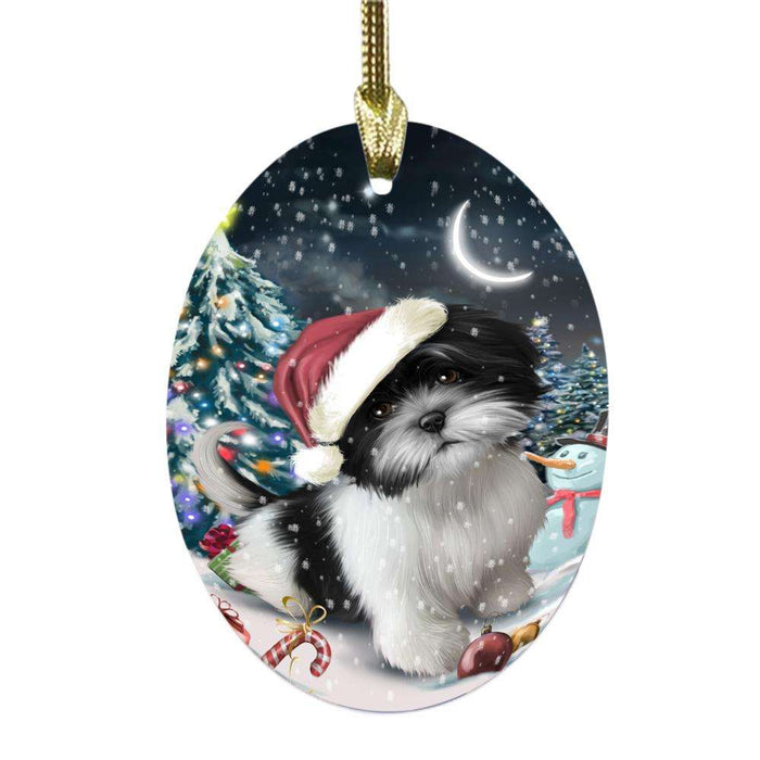 Have a Holly Jolly Christmas Happy Holidays Shih Tzu Dog Oval Glass Christmas Ornament OGOR48236