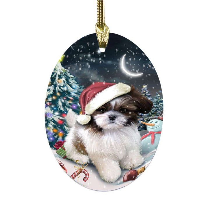 Have a Holly Jolly Christmas Happy Holidays Shih Tzu Dog Oval Glass Christmas Ornament OGOR48237