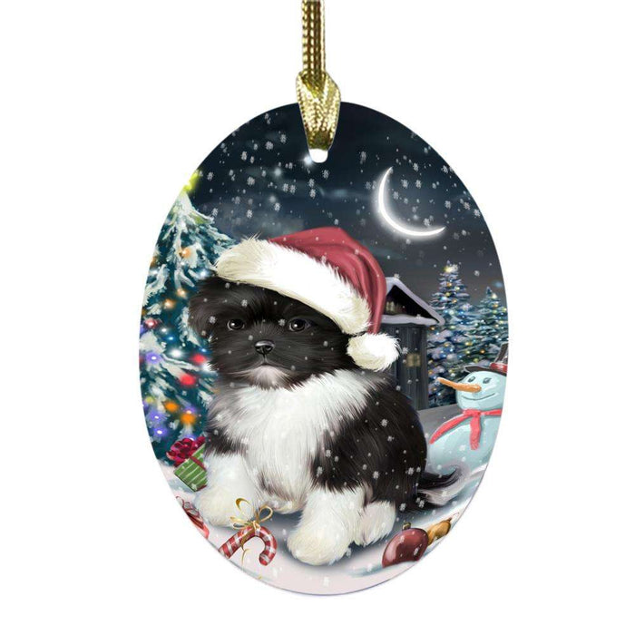 Have a Holly Jolly Christmas Happy Holidays Shih Tzu Dog Oval Glass Christmas Ornament OGOR48239