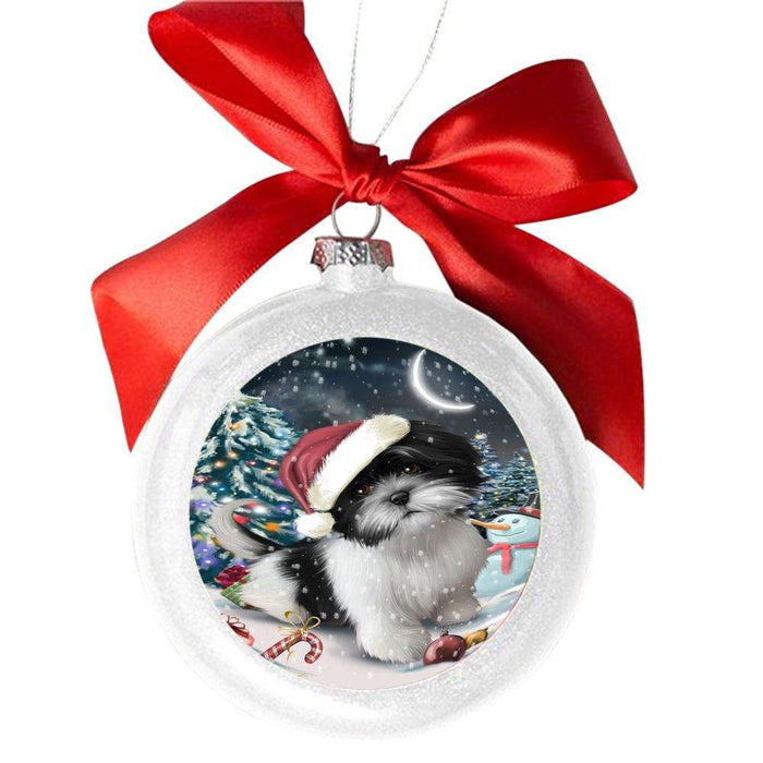 Have a Holly Jolly Christmas Happy Holidays Shih Tzu Dog White Round Ball Christmas Ornament WBSOR48236