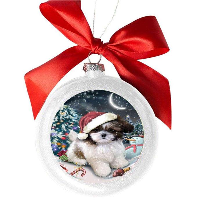 Have a Holly Jolly Christmas Happy Holidays Shih Tzu Dog White Round Ball Christmas Ornament WBSOR48237