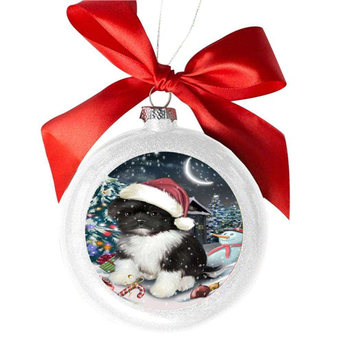 Have a Holly Jolly Christmas Happy Holidays Shih Tzu Dog White Round Ball Christmas Ornament WBSOR48239