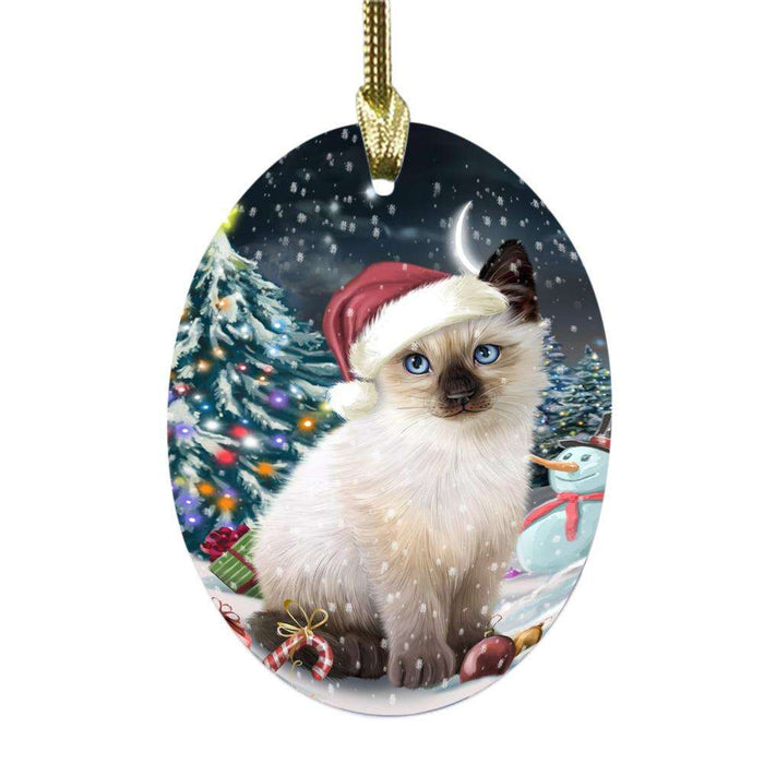 Have a Holly Jolly Christmas Happy Holidays Siamese Cat Oval Glass Christmas Ornament OGOR48336