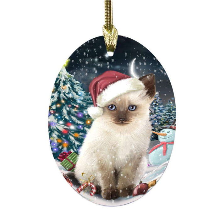 Have a Holly Jolly Christmas Happy Holidays Siamese Cat Oval Glass Christmas Ornament OGOR48337