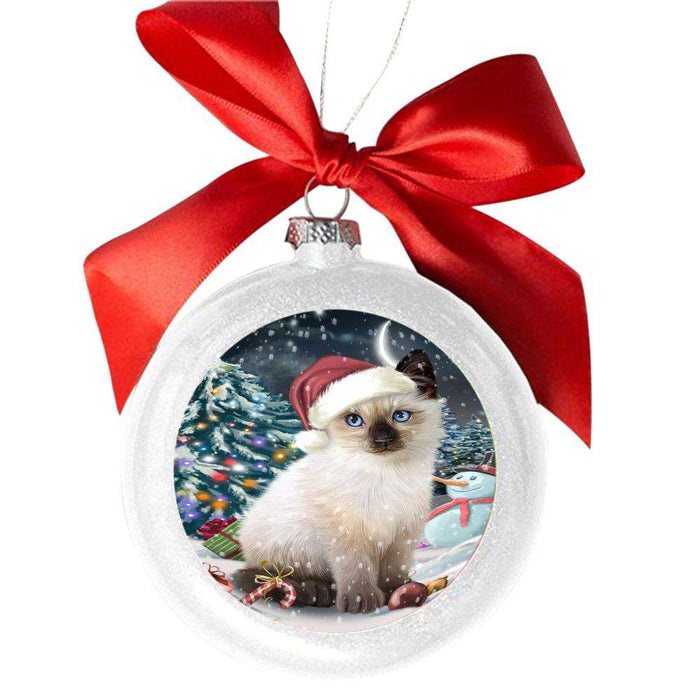 Have a Holly Jolly Christmas Happy Holidays Siamese Cat White Round Ball Christmas Ornament WBSOR48336