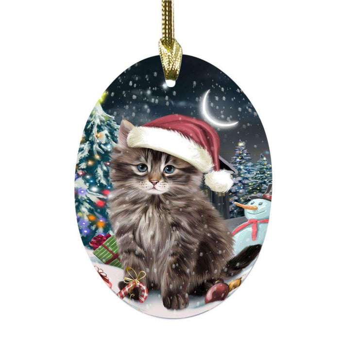 Have a Holly Jolly Christmas Happy Holidays Siberian Cat Oval Glass Christmas Ornament OGOR48340
