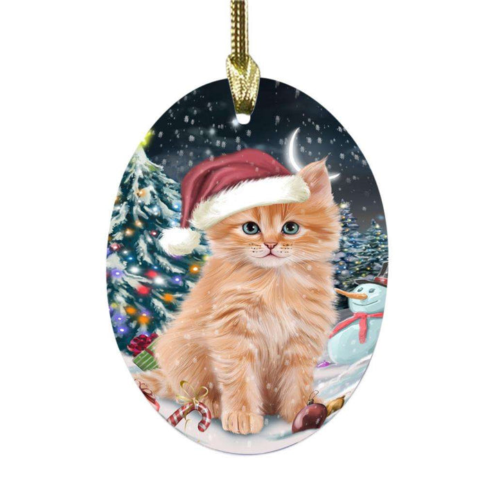 Have a Holly Jolly Christmas Happy Holidays Siberian Cat Oval Glass Christmas Ornament OGOR48341