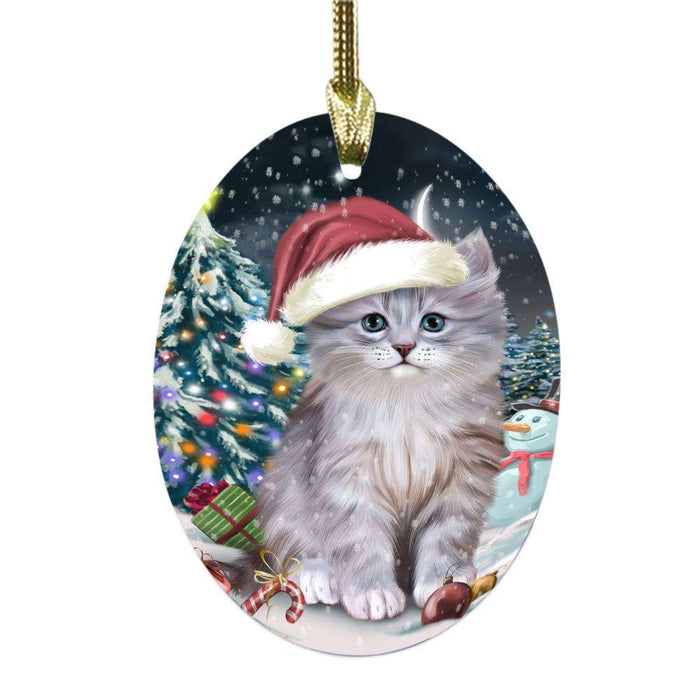 Have a Holly Jolly Christmas Happy Holidays Siberian Cat Oval Glass Christmas Ornament OGOR48342