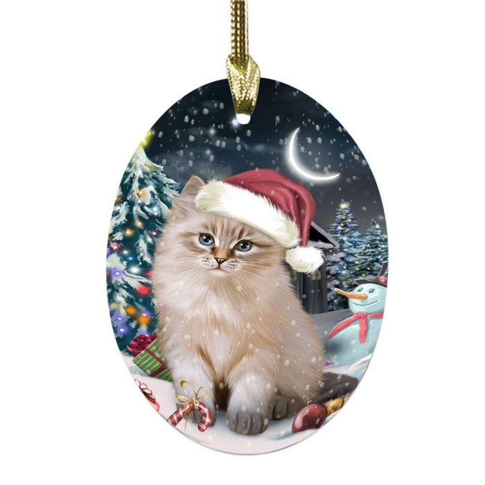 Have a Holly Jolly Christmas Happy Holidays Siberian Cat Oval Glass Christmas Ornament OGOR48343