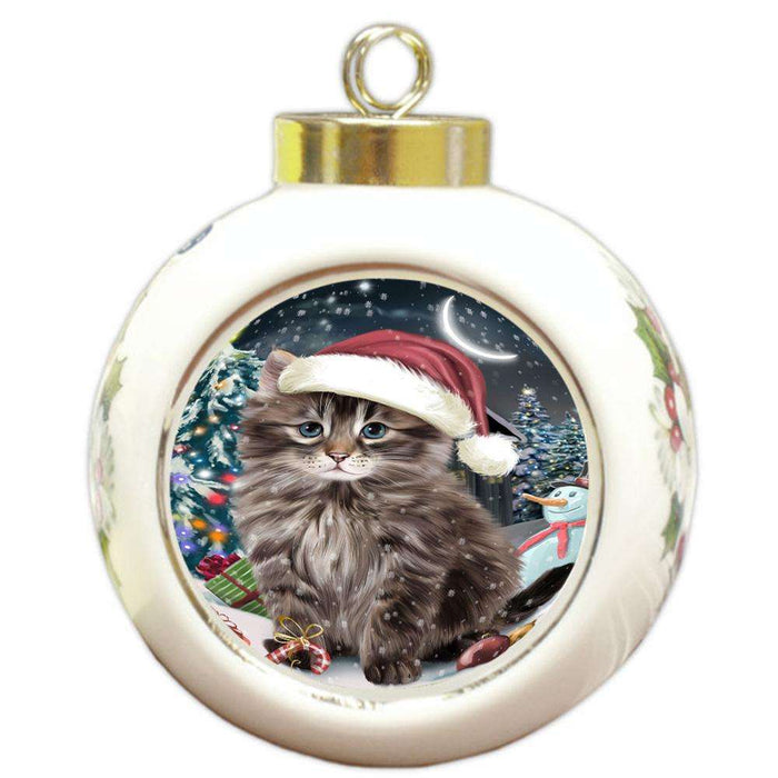 Have a Holly Jolly Christmas Happy Holidays Siberian Cat Round Ball Christmas Ornament RBPOR54249