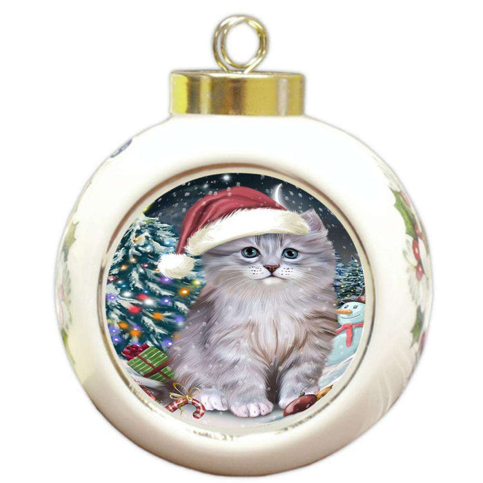 Have a Holly Jolly Christmas Happy Holidays Siberian Cat Round Ball Christmas Ornament RBPOR54251