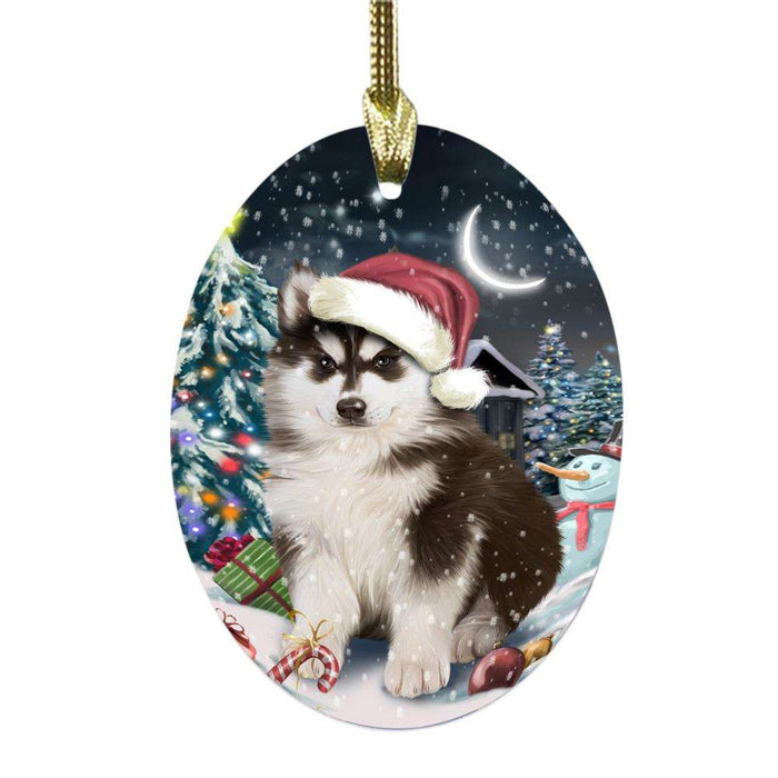 Have a Holly Jolly Christmas Happy Holidays Siberian Husky Dog Oval Glass Christmas Ornament OGOR48164