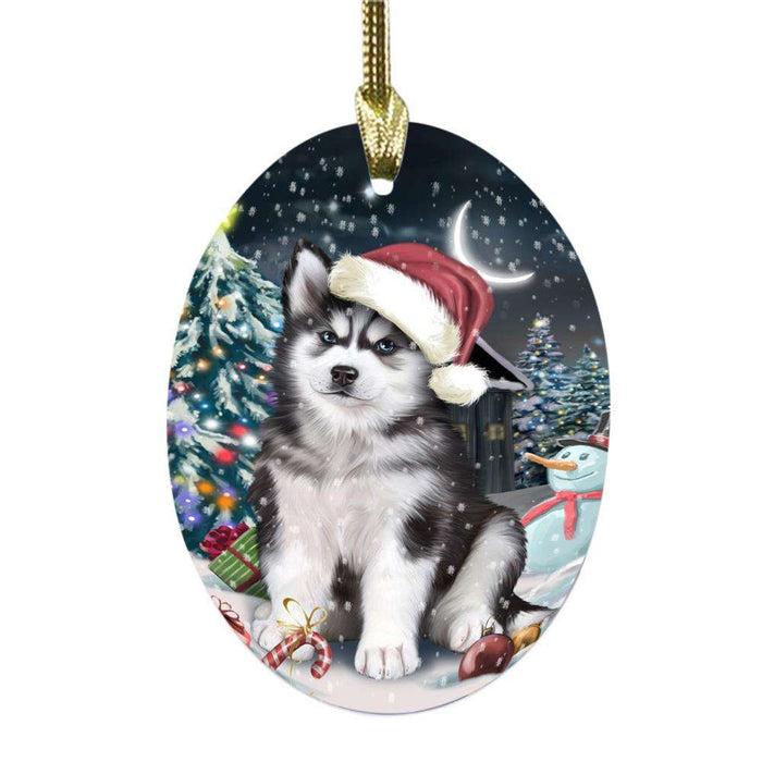 Have a Holly Jolly Christmas Happy Holidays Siberian Husky Dog Oval Glass Christmas Ornament OGOR48165