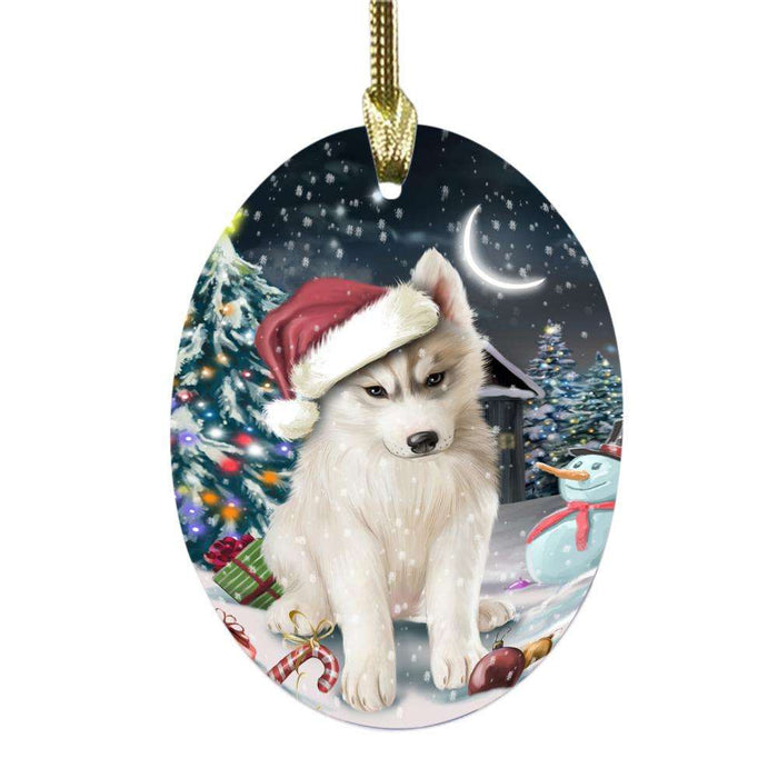Have a Holly Jolly Christmas Happy Holidays Siberian Husky Dog Oval Glass Christmas Ornament OGOR48166