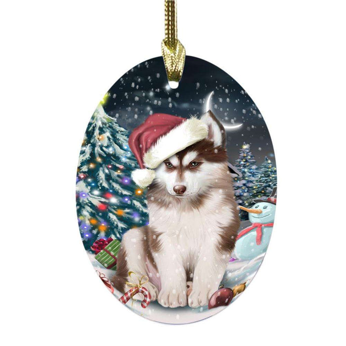 Have a Holly Jolly Christmas Happy Holidays Siberian Husky Dog Oval Glass Christmas Ornament OGOR48167