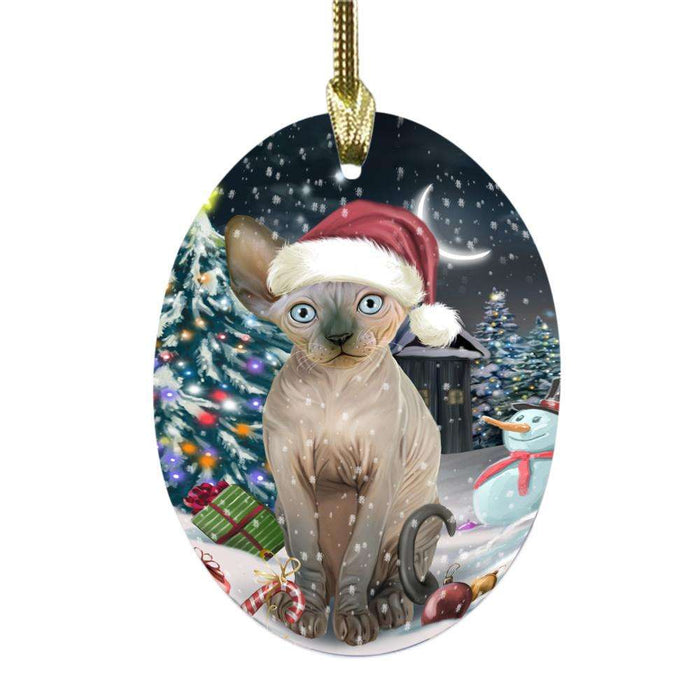Have a Holly Jolly Christmas Happy Holidays Sphynx Cat Oval Glass Christmas Ornament OGOR48344