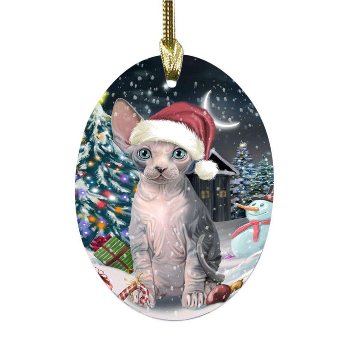 Have a Holly Jolly Christmas Happy Holidays Sphynx Cat Oval Glass Christmas Ornament OGOR48345
