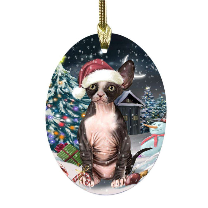 Have a Holly Jolly Christmas Happy Holidays Sphynx Cat Oval Glass Christmas Ornament OGOR48346
