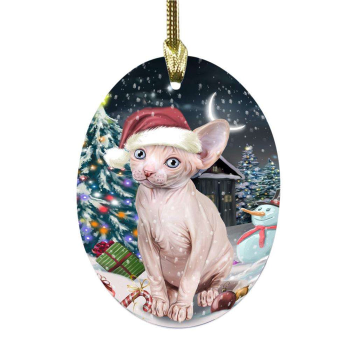 Have a Holly Jolly Christmas Happy Holidays Sphynx Cat Oval Glass Christmas Ornament OGOR48347
