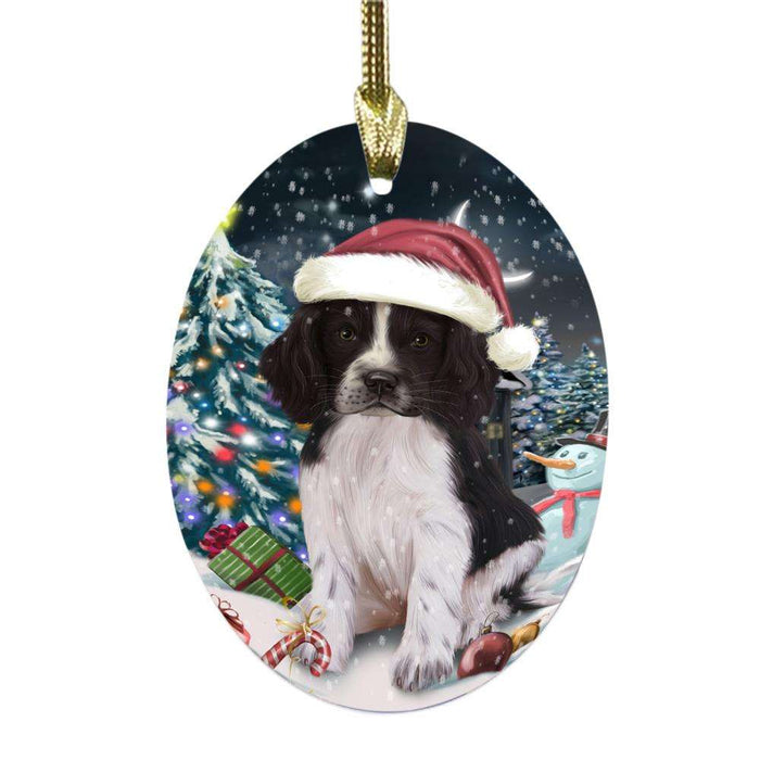 Have a Holly Jolly Christmas Happy Holidays Springer Spaniel Dog Oval Glass Christmas Ornament OGOR48351