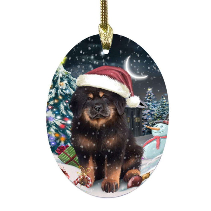 Have a Holly Jolly Christmas Happy Holidays Tibetan Mastiff Dog Oval Glass Christmas Ornament OGOR48328