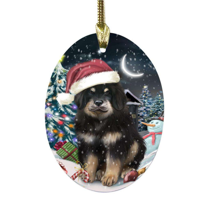Have a Holly Jolly Christmas Happy Holidays Tibetan Mastiff Dog Oval Glass Christmas Ornament OGOR48329