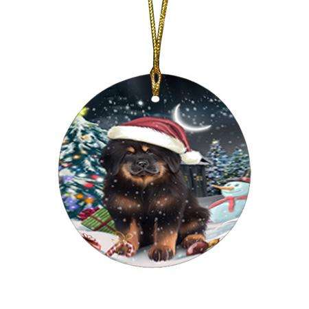 Have a Holly Jolly Christmas Happy Holidays Tibetan Mastiff Dog Round Flat Christmas Ornament RFPOR54248