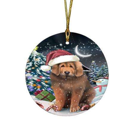 Have a Holly Jolly Christmas Happy Holidays Tibetan Mastiff Dog Round Flat Christmas Ornament RFPOR54250