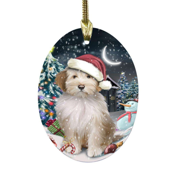 Have a Holly Jolly Christmas Happy Holidays Tibetan Terrier Dog Oval Glass Christmas Ornament OGOR48240