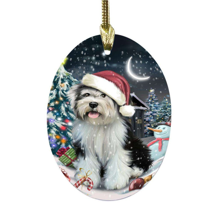 Have a Holly Jolly Christmas Happy Holidays Tibetan Terrier Dog Oval Glass Christmas Ornament OGOR48241