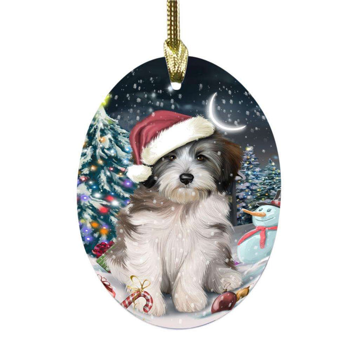 Have a Holly Jolly Christmas Happy Holidays Tibetan Terrier Dog Oval Glass Christmas Ornament OGOR48242
