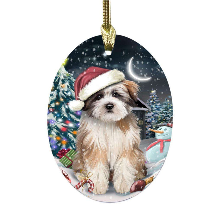 Have a Holly Jolly Christmas Happy Holidays Tibetan Terrier Dog Oval Glass Christmas Ornament OGOR48243